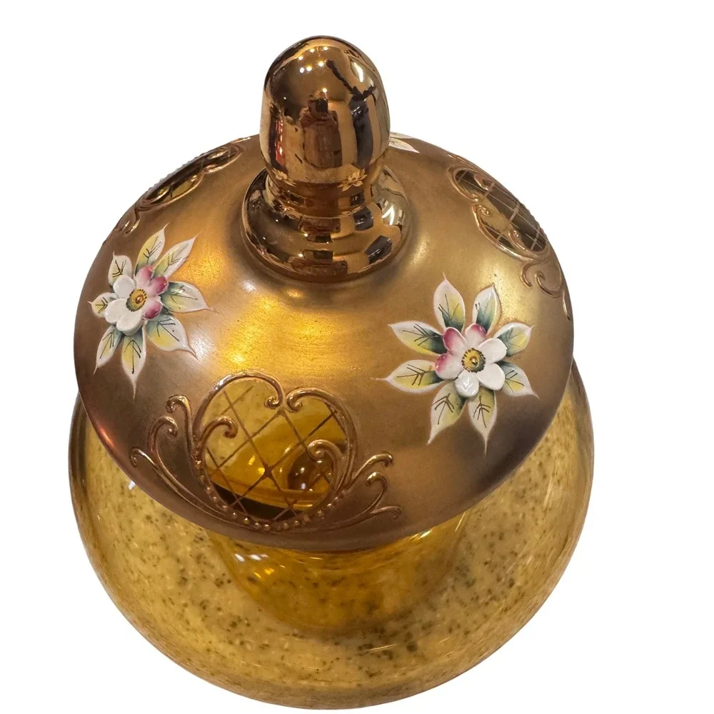 Vintage  Bohemian Czech Glass Candy Apothecary Jar‎ Gold Floral Decorative 9